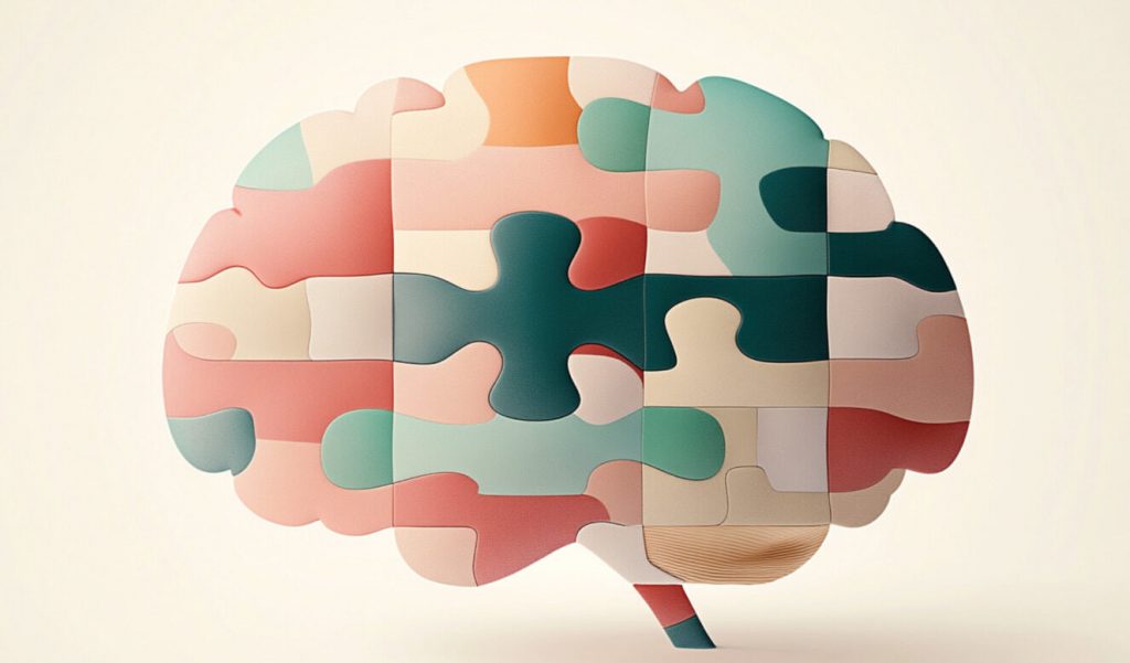 Stylized illustration of a brain with puzzle pieces