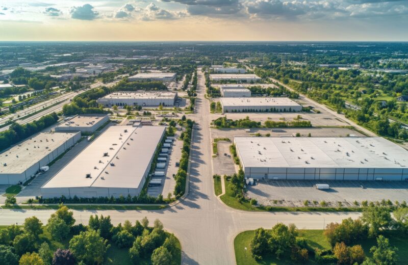 Aerial photo of large warehouses